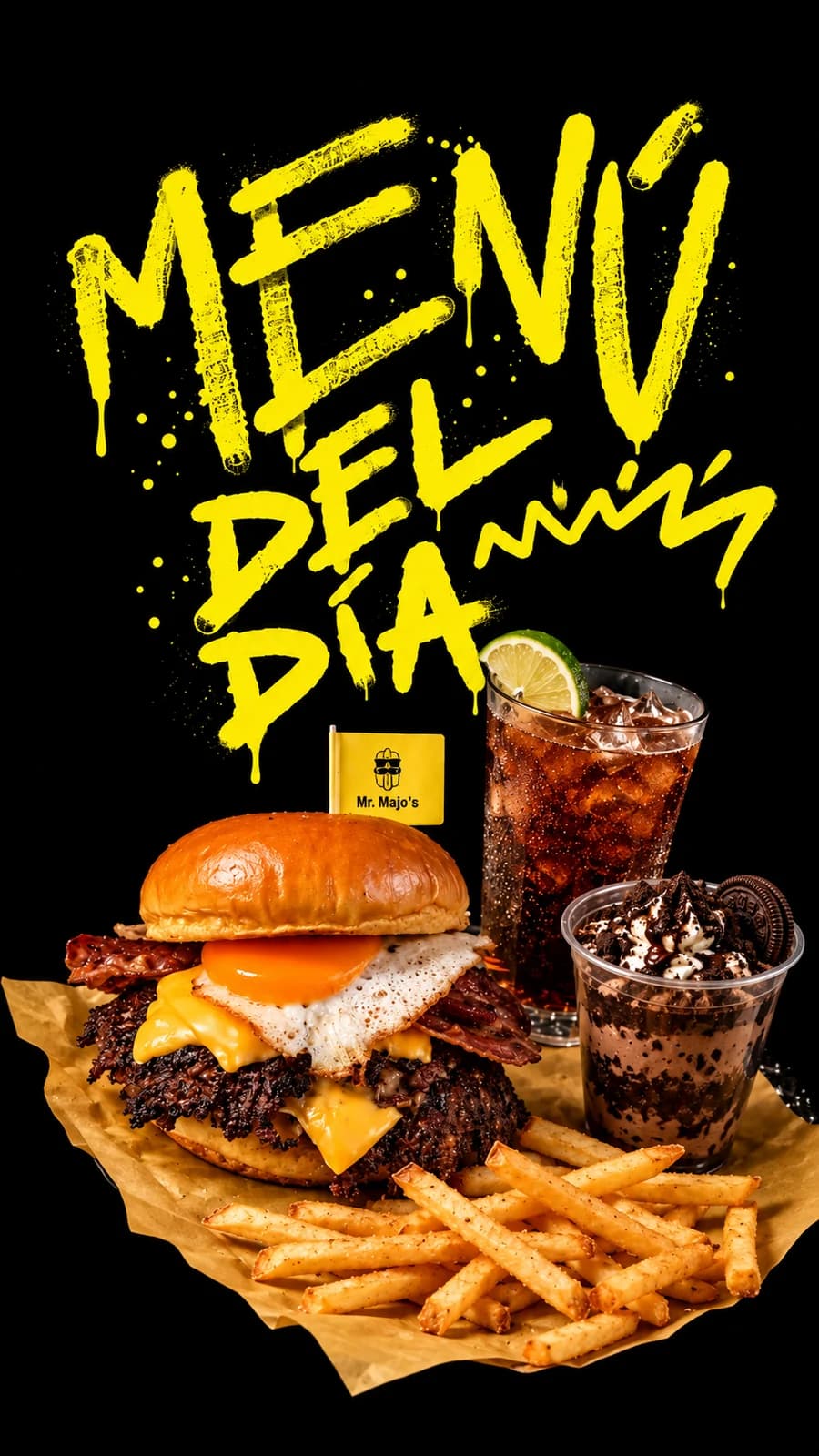 Menú del día de Mr. Majo's: burger con huevo y bacon, patatas, refresco y postre