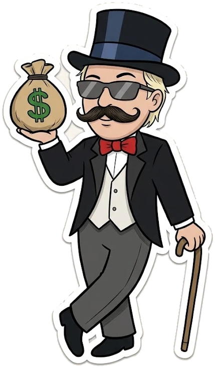Sticker del Señor Fortuna, con chistera y una bolsa de dinero